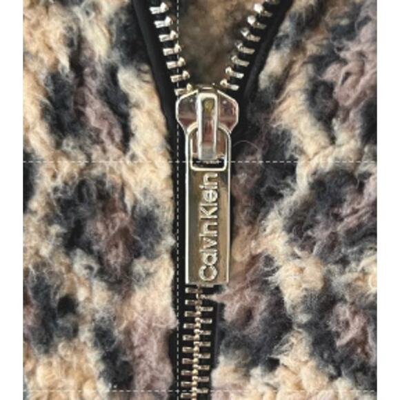 CALVIN KLEIN Sherpa Full Zip Faux Fun Leopard Print Soft Sleeveless Vest Sz M - Picture 2 of 7